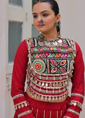 Traditional Marron Gujarati Embroidered With Mirror Lace Work Lehenga & Top for Garba Nights_Free Size 3