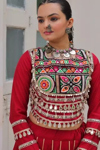 Traditional Marron Gujarati Embroidered With Mirror Lace Work Lehenga & Top for Garba Nights_Free Size