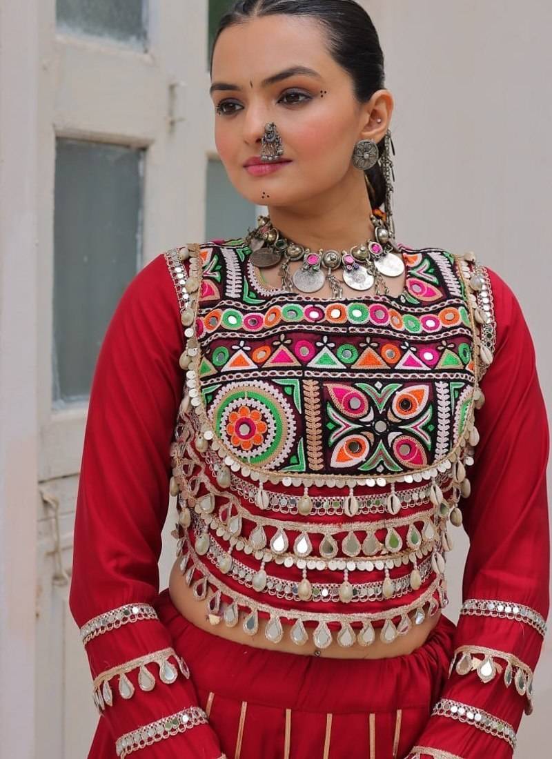 Traditional Marron Gujarati Embroidered With Mirror Lace Work Lehenga & Top for Garba Nights_Free Size