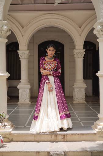 Wine Embroidered Long Kurti with Navratri Lehenga Set for Women | Festive Ethnic Wear_Free Size