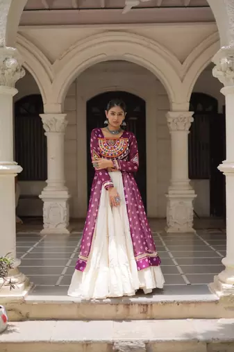 Wine Embroidered Long Kurti with Navratri Lehenga Set for Women | Festive Ethnic Wear_Free Size