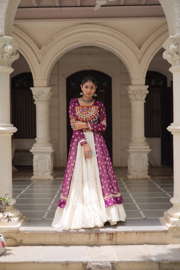Wine Embroidered Long Kurti with Navratri Lehenga Set for Women | Festive Ethnic Wear_Free Size