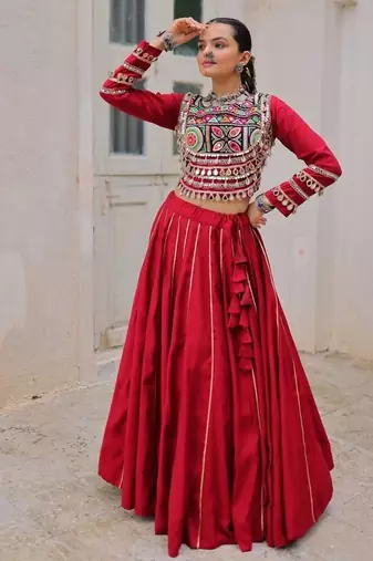 Traditional Marron Gujarati Embroidered With Mirror Lace Work Lehenga & Top for Garba Nights_Free Size