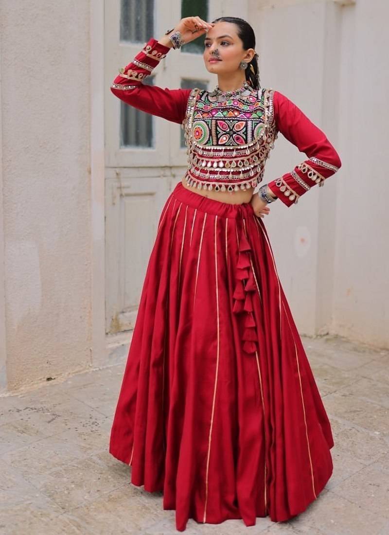 Traditional Marron Gujarati Embroidered With Mirror Lace Work Lehenga & Top for Garba Nights_Free Size