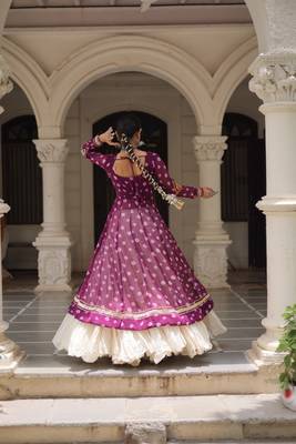 wine embroidered long kurti with cotton lehenga set 3