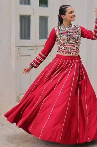 Traditional Marron Gujarati Embroidered With Mirror Lace Work Lehenga & Top for Garba Nights_Free Size