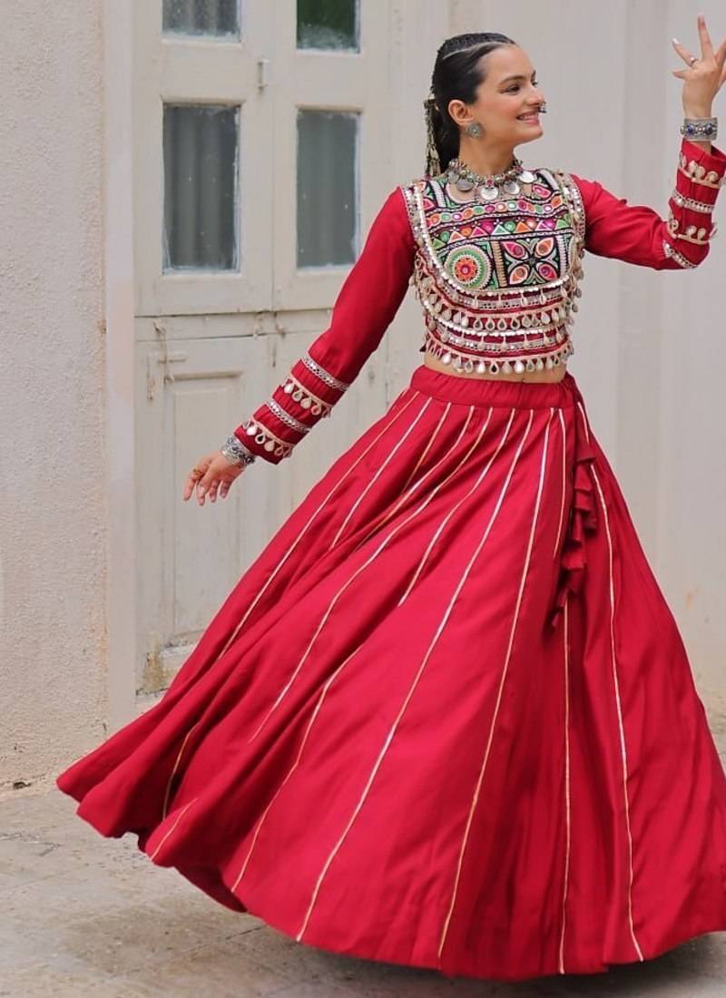 Traditional Marron Gujarati Embroidered With Mirror Lace Work Lehenga & Top for Garba Nights_Free Size
