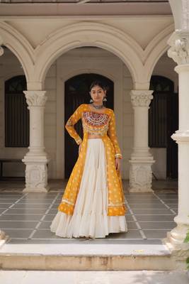 yellow embroidered long kurti with cotton lehenga 1