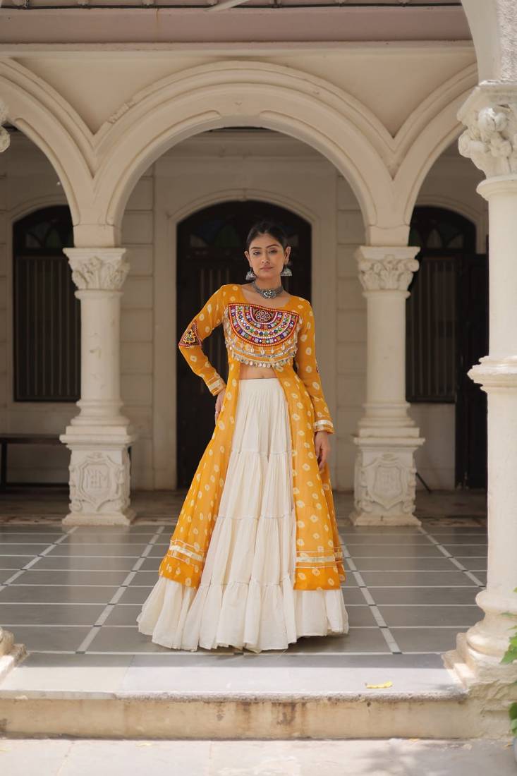 Yellow Embroidered Long Kurti with Navratri Lehenga Set for Women | Festive Ethnic Wear_Free Size