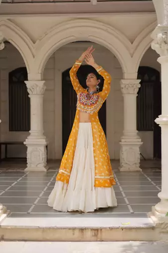 Yellow Embroidered Long Kurti with Navratri Lehenga Set for Women | Festive Ethnic Wear_Free Size