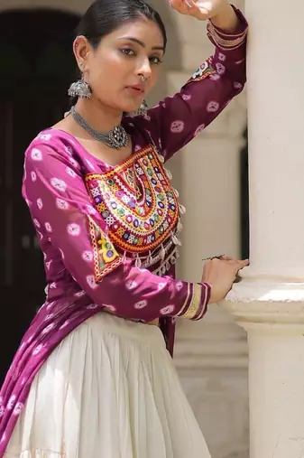 Wine Embroidered Long Kurti with Navratri Lehenga Set for Women | Festive Ethnic Wear_Free Size