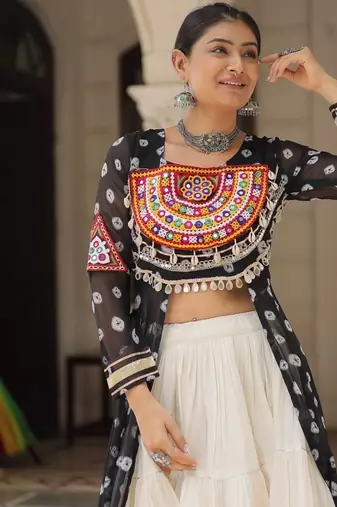 Black Embroidered Long Kurti with Navratri Lehenga Set for Women | Festive Ethnic Wear_Free Size