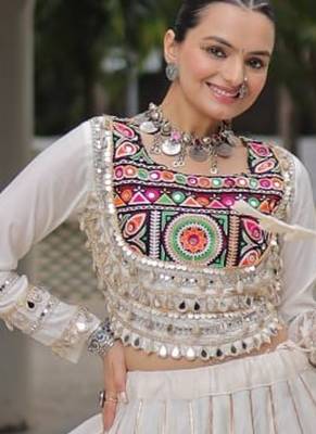 Traditional Off White Gujarati Embroidered With Mirror Lace Work Lehenga & Top for Garba Nights_Free Size 2