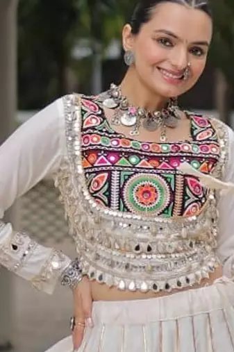 Traditional Off White Gujarati Embroidered With Mirror Lace Work Lehenga & Top for Garba Nights_Free Size