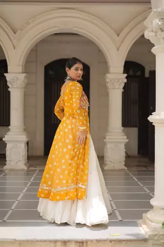 Yellow Embroidered Long Kurti with Navratri Lehenga Set for Women | Festive Ethnic Wear_Free Size