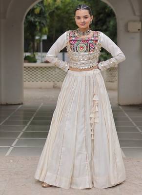 Traditional Off White Gujarati Embroidered With Mirror Lace Work Lehenga & Top for Garba Nights_Free Size 3
