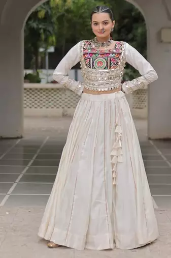 Traditional Off White Gujarati Embroidered With Mirror Lace Work Lehenga & Top for Garba Nights_Free Size
