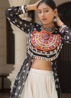 black embroidered long kurti with cotton lehenga 5