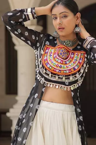 Black Embroidered Long Kurti with Navratri Lehenga Set for Women | Festive Ethnic Wear_Free Size