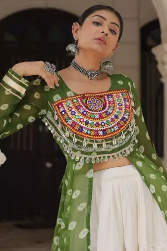 Green Embroidered Long Kurti with Navratri Lehenga Set for Women | Festive Ethnic Wear_Free Size