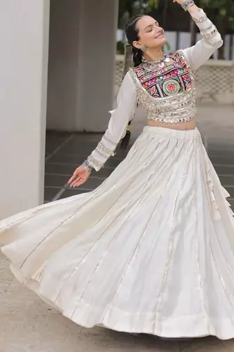 Traditional Off White Gujarati Embroidered With Mirror Lace Work Lehenga & Top for Garba Nights_Free Size