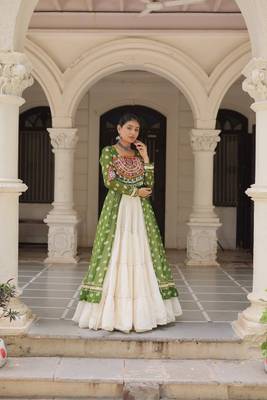 green embroidered long kurti with cotton lehenga 4