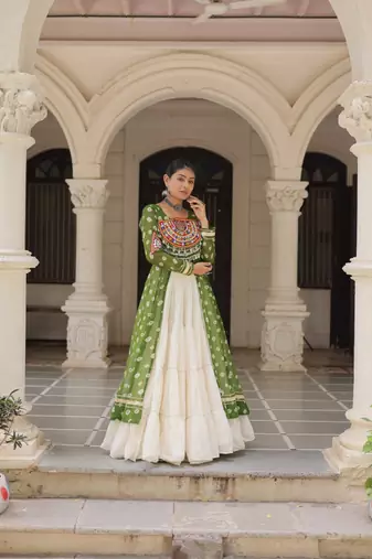 Green Embroidered Long Kurti with Navratri Lehenga Set for Women | Festive Ethnic Wear_Free Size