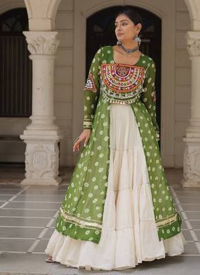 green embroidered long kurti with cotton lehenga 5