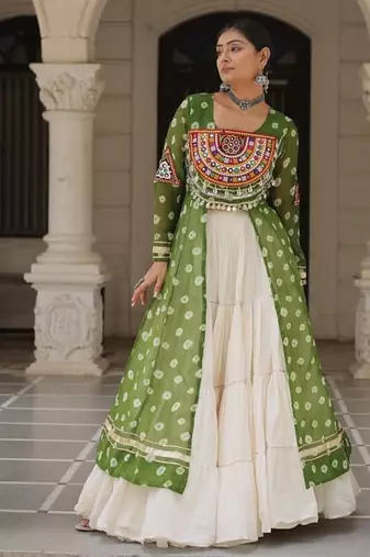 Green Embroidered Long Kurti with Navratri Lehenga Set for Women | Festive Ethnic Wear_Free Size