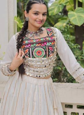 Traditional Off White Gujarati Embroidered With Mirror Lace Work Lehenga & Top for Garba Nights_Free Size 5