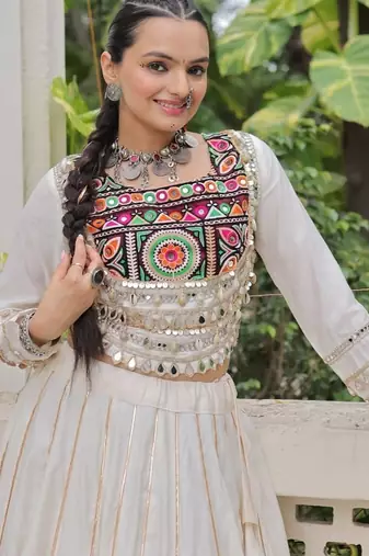 Traditional Off White Gujarati Embroidered With Mirror Lace Work Lehenga & Top for Garba Nights_Free Size