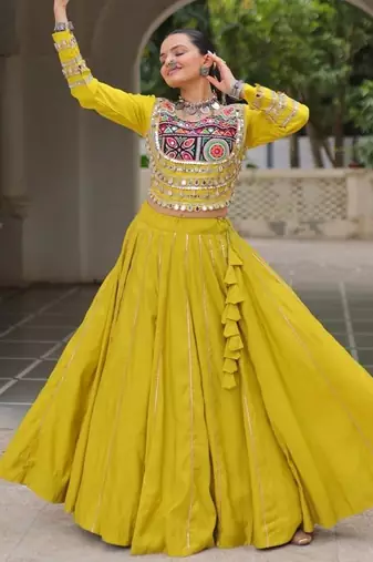 Traditional Parrot Gujarati Embroidered With Mirror Lace Work Lehenga & Top for Garba Nights_Free Size