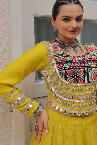 Traditional Parrot Gujarati Embroidered With Mirror Lace Work Lehenga & Top for Garba Nights_Free Size