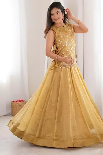 Women Embroidered Sequins Silk Blend Stitched Lehenga Choli with Koti_Free Size