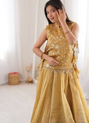 Women Embroidered Sequins Silk Blend Stitched Lehenga Choli with Koti_Free Size 4