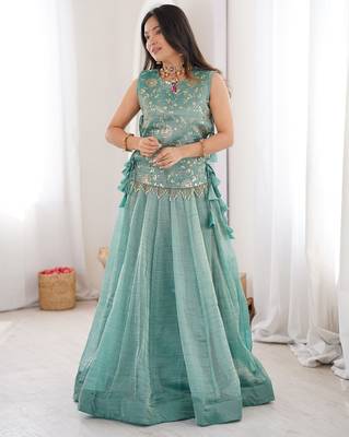 sky blue silk lehenga choli with gold sequins 1