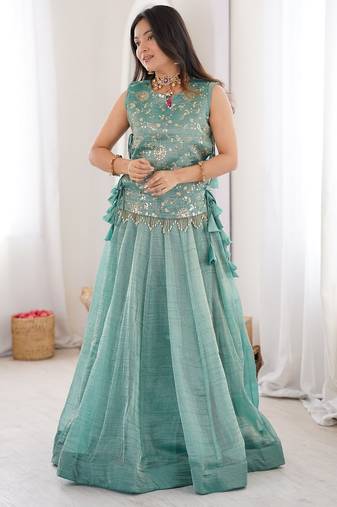 Women Embroidered Sequins Silk Blend Stitched Lehenga Choli with Koti_Free Size
