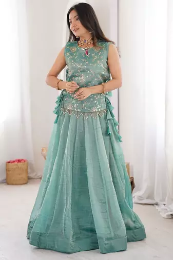 Women Embroidered Sequins Silk Blend Stitched Lehenga Choli with Koti_Free Size