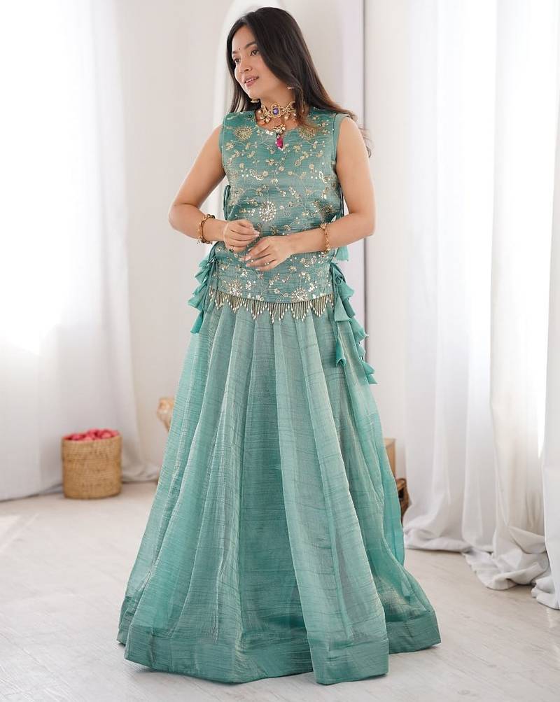 Women Embroidered Sequins Silk Blend Stitched Lehenga Choli with Koti_Free Size