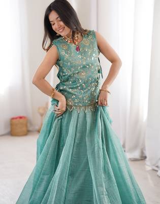 sky blue silk lehenga choli with gold sequins 2