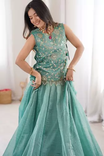 Women Embroidered Sequins Silk Blend Stitched Lehenga Choli with Koti_Free Size