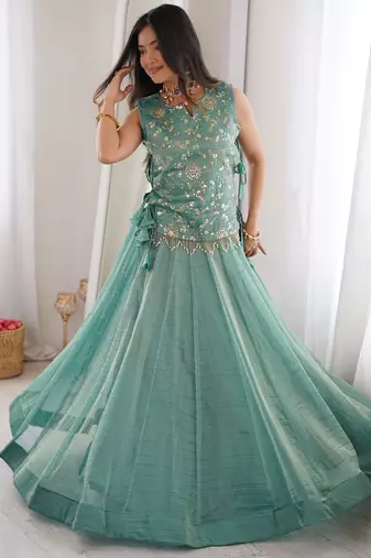 Women Embroidered Sequins Silk Blend Stitched Lehenga Choli with Koti_Free Size
