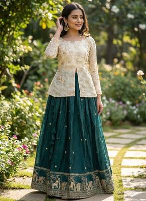 green zari embroidered jacket lehenga choli 1