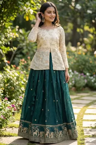 Green Zari Embroidered Work Blouse with Ivory Lehenga Set for Women | Festive Ethnic Wear_Free Size