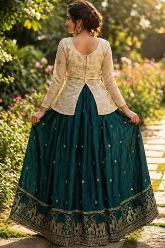 Green Zari Embroidered Work Blouse with Ivory Lehenga Set for Women | Festive Ethnic Wear_Free Size