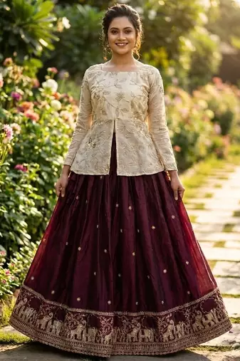 Wine Zari Embroidered Work Blouse with Ivory Lehenga Set for Women | Festive Ethnic Wear_Free Size
