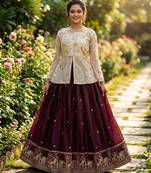 Wine Zari Embroidered Work Blouse with Ivory Lehenga Set for Women | Festive Ethnic Wear_Free Size