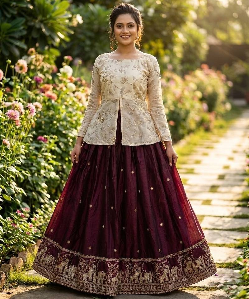 Wine Zari Embroidered Work Blouse with Ivory Lehenga Set for Women | Festive Ethnic Wear_Free Size