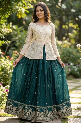 Green Zari Embroidered Work Blouse with Ivory Lehenga Set for Women | Festive Ethnic Wear_Free Size
