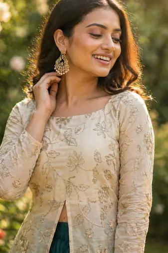 Green Zari Embroidered Work Blouse with Ivory Lehenga Set for Women | Festive Ethnic Wear_Free Size